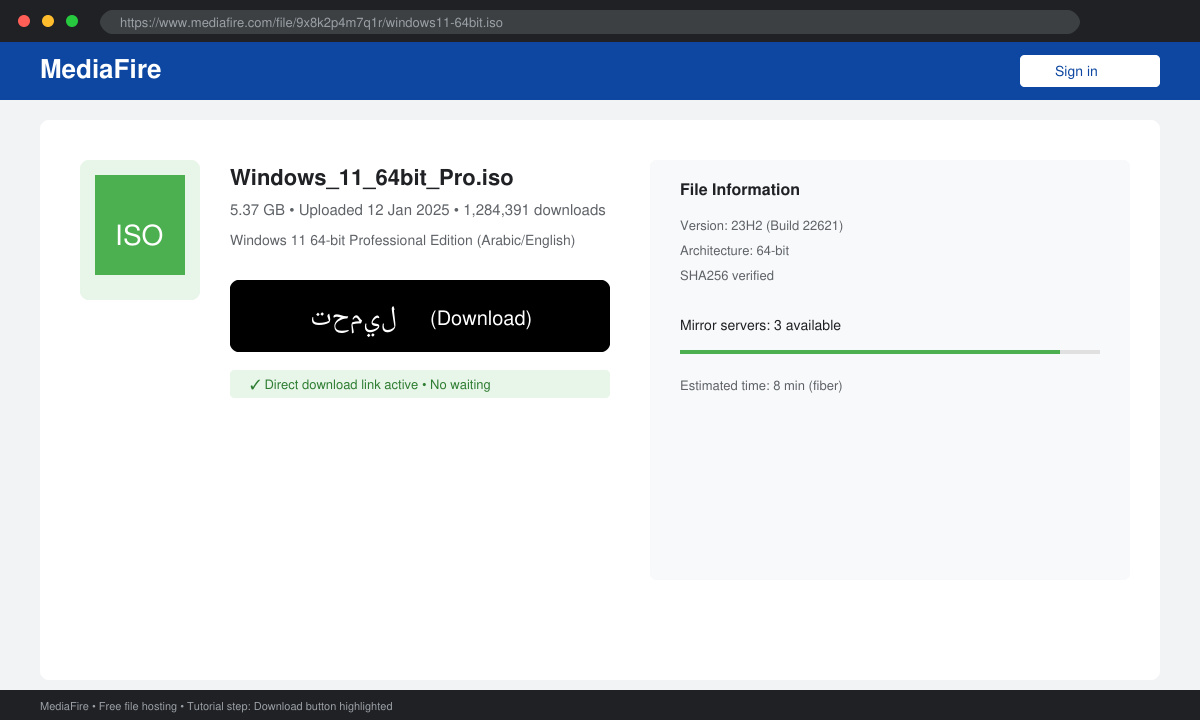 Screenshot of the MediaFire download button highlighted for Windows 11