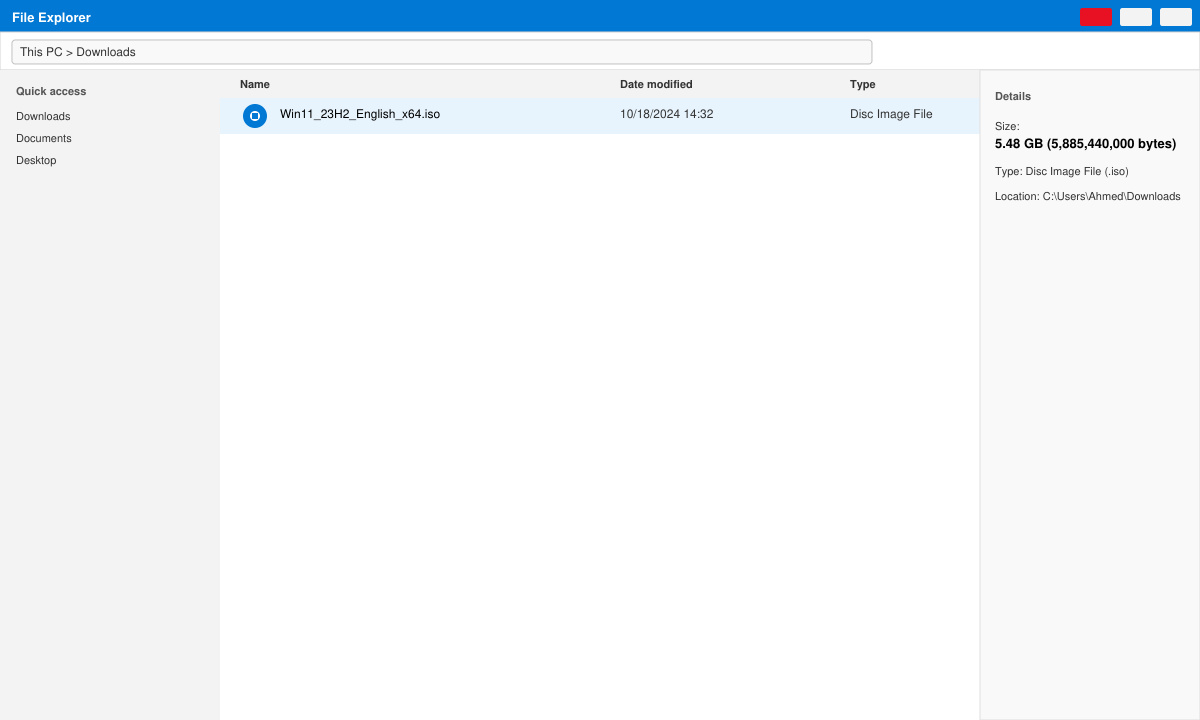 Final downloaded Windows 11 ISO file shown in File Explorer with size details