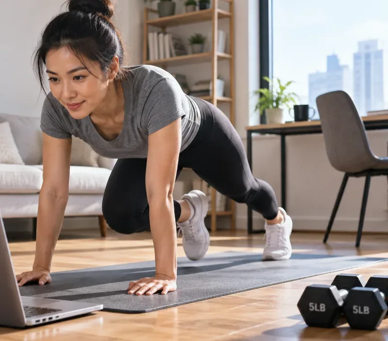 A woman doing a mountain climber on an exercise mat in a bright home living room, with a laptop and small dumbbells nearby.