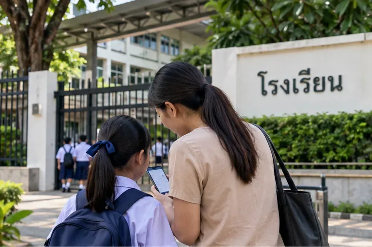 ผู้ปกครองและนักเรียนยืนตรวจสอบข้อมูลหน้าประตูโรงเรียนในกรุงเทพฯ