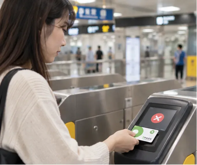 通勤者持TPASS電子票證靠近捷運閘門，驗票機顯示紅色失敗符號
