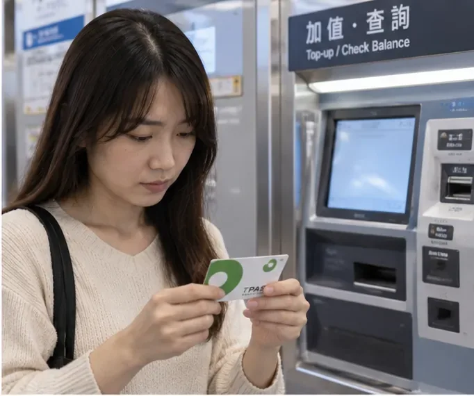 通勤者在車站加值與查詢設備旁檢查TPASS票卡狀態