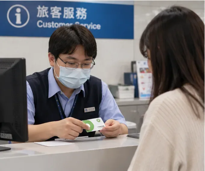 旅客在捷運旅客服務台把TPASS票卡交給站務人員檢查