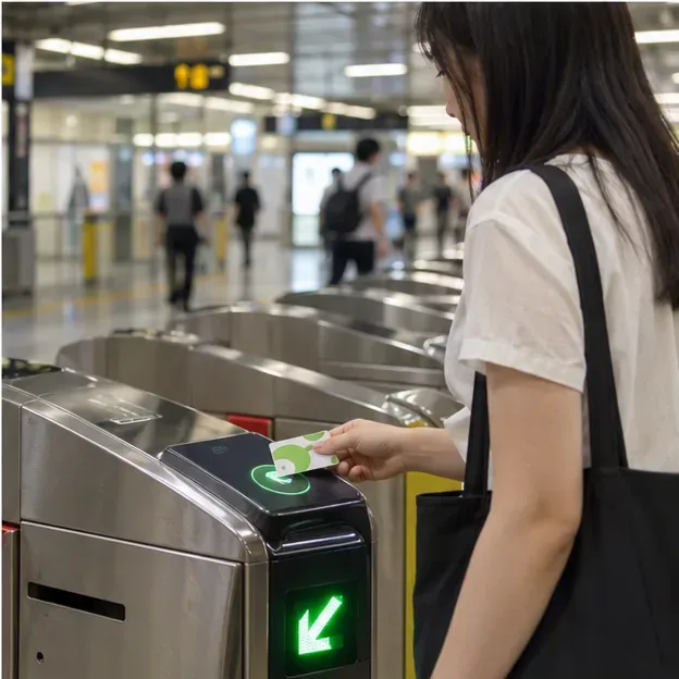 通勤者持續購後的電子票證感應捷運閘門，綠色箭頭亮起表示可通行