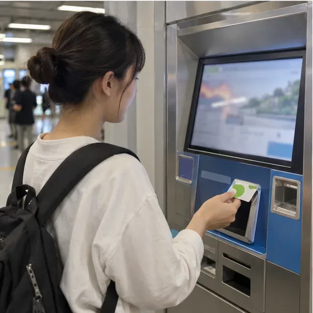 通勤者在車站的票卡機前持電子票證靠卡，辦理公共運輸定期票續購或加值