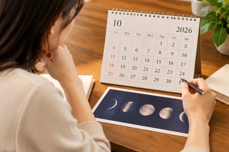 2026년 10월 달력과 달의 위상 그림을 함께 보며 커트 날짜를 검토하는 모습