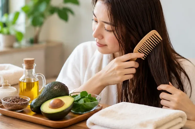 집에서 긴 머리를 넓은 빗으로 부드럽게 빗는 사람과 옆에 놓인 식품 및 헤어케어 용품