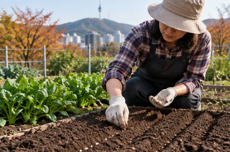 가을빛이 드는 서울 도심 텃밭에서 흙을 고르고 씨앗을 줄뿌림하는 사람