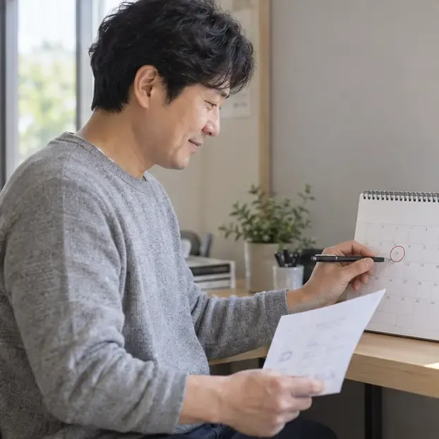 납부 재개 시점을 달력에 표시하면서 확인 서류를 검토하는 모습