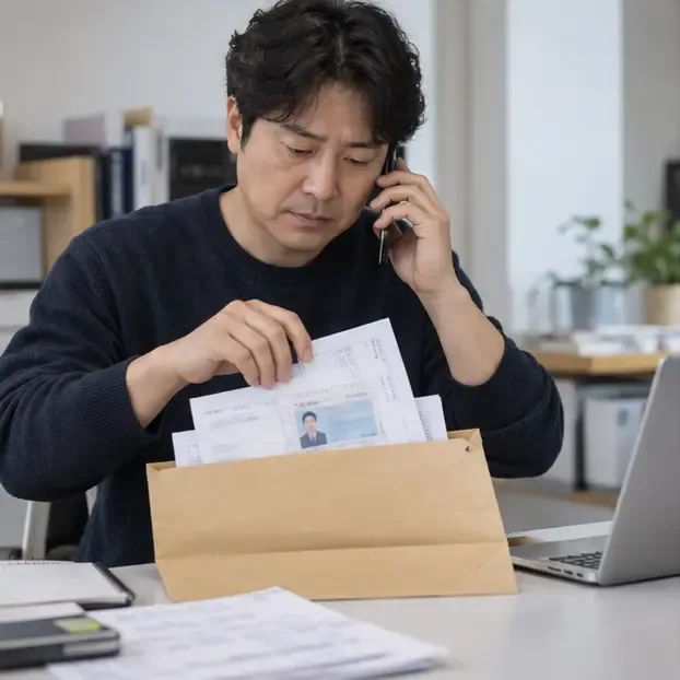 신청자가 국민연금 상담을 하며 신분증과 증빙자료를 봉투에 정리하는 모습