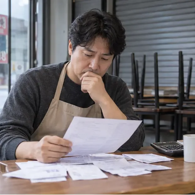 사업을 중단한 자영업자가 수입 감소 서류와 계산기를 확인하는 모습