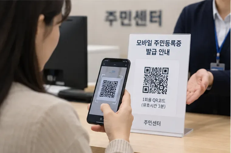 주민센터 창구에서 스마트폰으로 모바일 주민등록증 발급용 QR 코드를 촬영하는 모습
