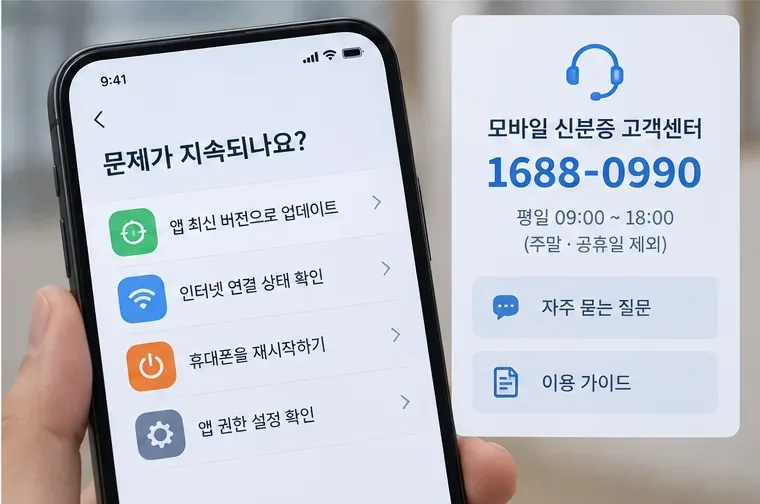 스마트폰에서 앱 업데이트, 인터넷 연결, 재시작, 권한 확인 항목과 모바일 신분증 고객센터 정보를 확인하는 모습