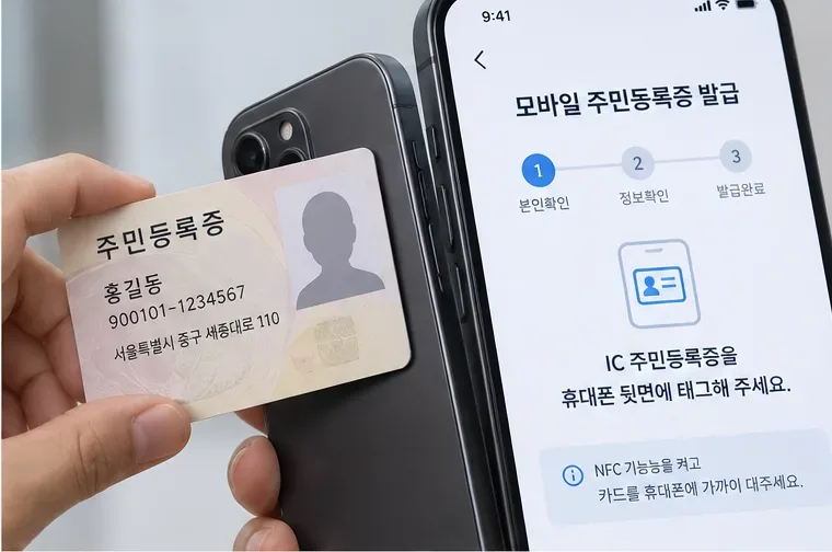IC 주민등록증을 스마트폰 뒷면에 가까이 대어 모바일 주민등록증 재발급을 진행하는 모습