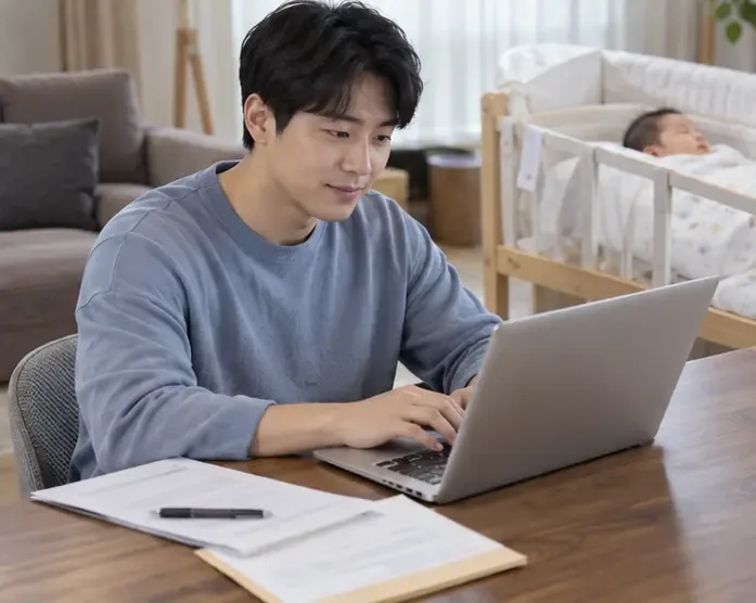 신생아가 보이는 거실에서 노트북으로 배우자 출산휴가 급여 신청을 확인하는 한국인 아버지