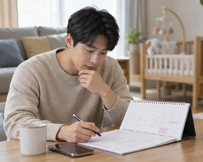 출산 예정일과 배우자 출산휴가 사용 기간을 달력에 표시하는 한국인 근로자