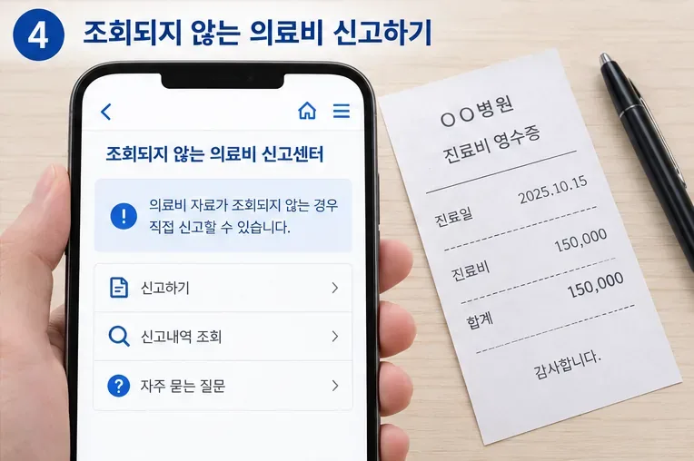 조회되지 않는 의료비 신고센터와 진료비 영수증 확인을 설명하는 화면형 예시