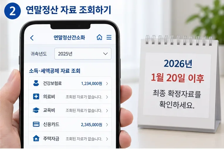 2025년 귀속 연말정산 자료와 2026년 1월 20일 이후 최종 확정자료 확인을 설명하는 화면형 예시