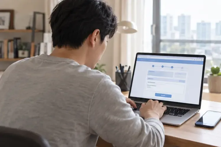 노트북으로 고용24 육아휴직급여 신청 절차를 진행하는 아버지와 옆에 놓인 스마트폰