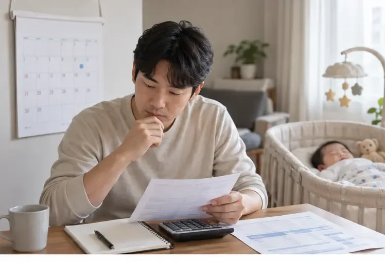 달력과 급여명세서, 계산기를 확인하며 아빠 육아휴직급여 조건을 점검하는 아버지와 옆에서 잠든 아기