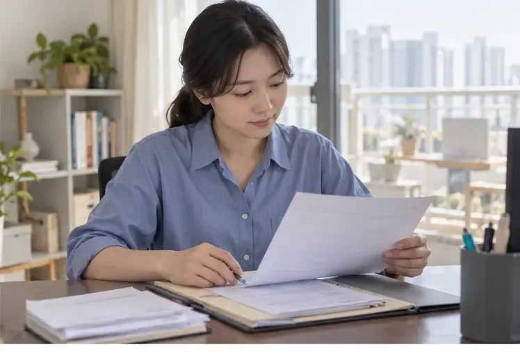 책상에서 육아휴직 확인서와 임금 자료를 서류철에 정리하는 근로자