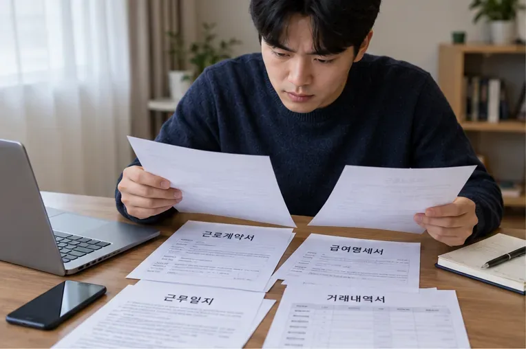 근로자가 근로계약서, 급여명세서, 근무일지와 거래내역을 책상 위에 펼쳐 임금체불 신고 자료를 정리하는 모습