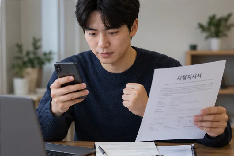 근로자가 시정지시 관련 서류와 휴대전화 알림을 확인하며 사건 진행상황을 살펴보는 모습