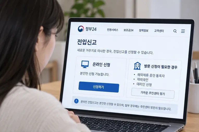 노트북 화면에서 정부24 전입신고 온라인 신청과 방문이 필요한 경우를 확인하는 모습