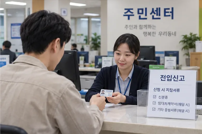 주민센터 민원창구에서 신분증을 제시하며 전입신고를 상담하는 모습