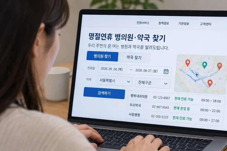 노트북에서 명절연휴 병원·약국 검색 화면을 보며 날짜와 지역을 선택하는 모습