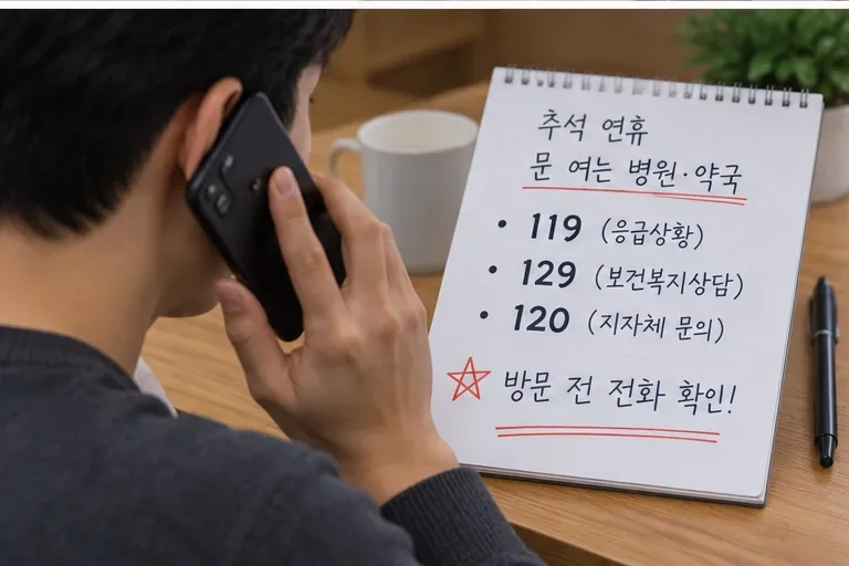 추석 연휴에 119, 129, 120 번호를 메모해 두고 전화로 문의하는 모습