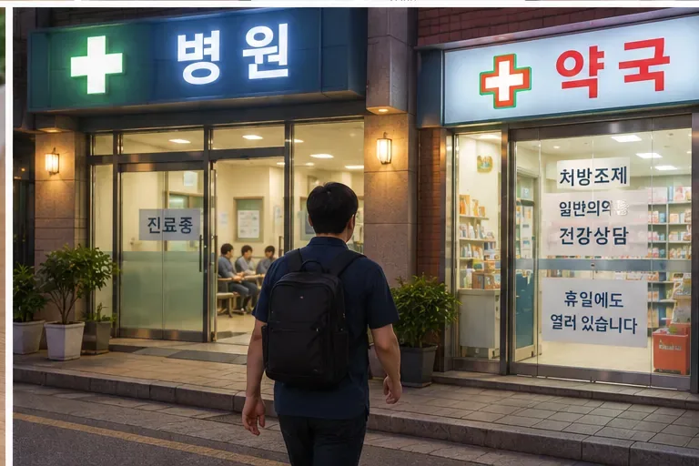 추석 연휴 저녁에 불이 켜진 병원과 약국 앞에 도착한 사람의 모습