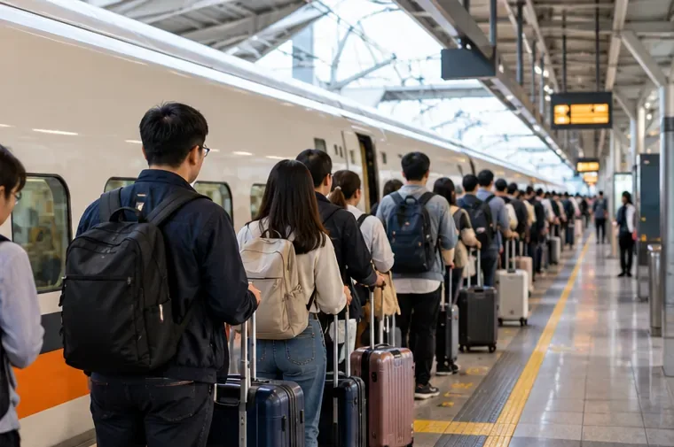 高鐵月台旁有長列旅客拖著行李依序排隊，列車停靠在月台邊