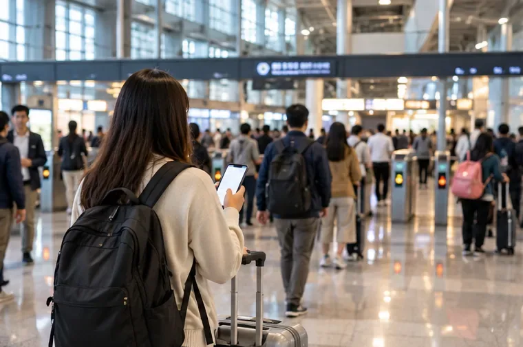 高鐵車站大廳內，旅客拖著行李並查看手機，前方可見進站閘門與人流