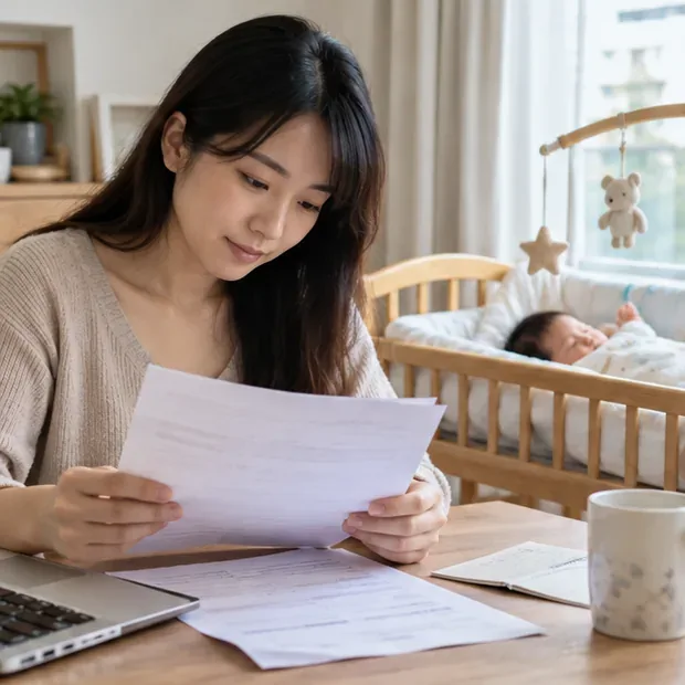 新手媽媽在家中整理勞保生育給付申請文件，嬰兒在嬰兒床休息