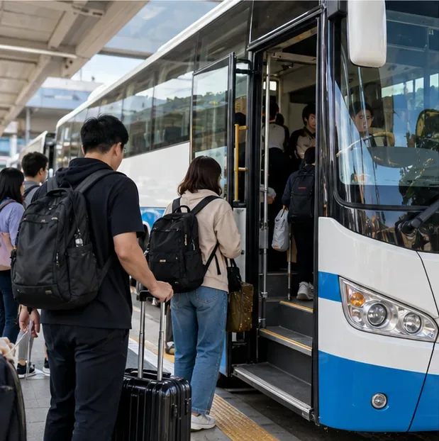 旅客提著行李排隊登上一輛停靠月台的長途客運，車門敞開，乘客依序上車。