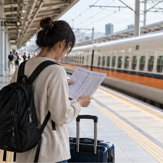 旅客在臺灣鐵路月台旁查看紙本時刻表，行李箱放在身旁，列車停靠於後方。