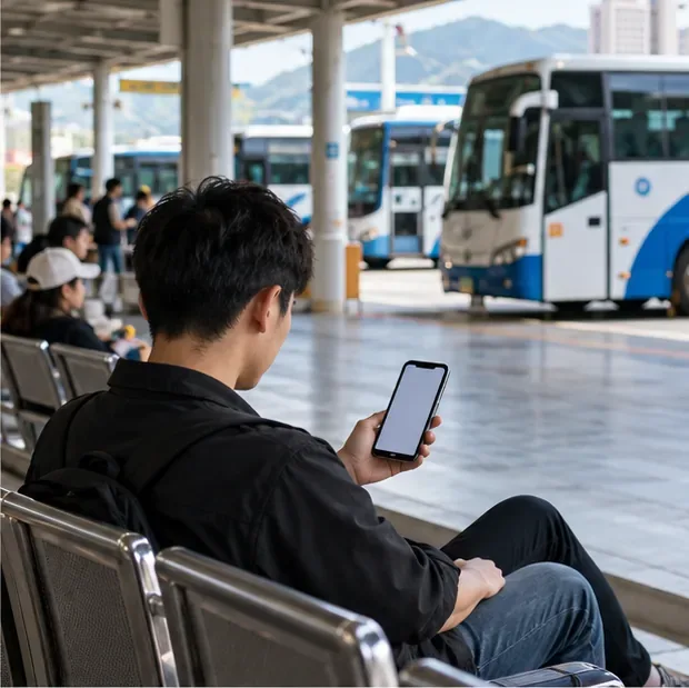 旅客坐在客運轉運站候車座位上查看手機，數輛長途巴士停靠在背景。