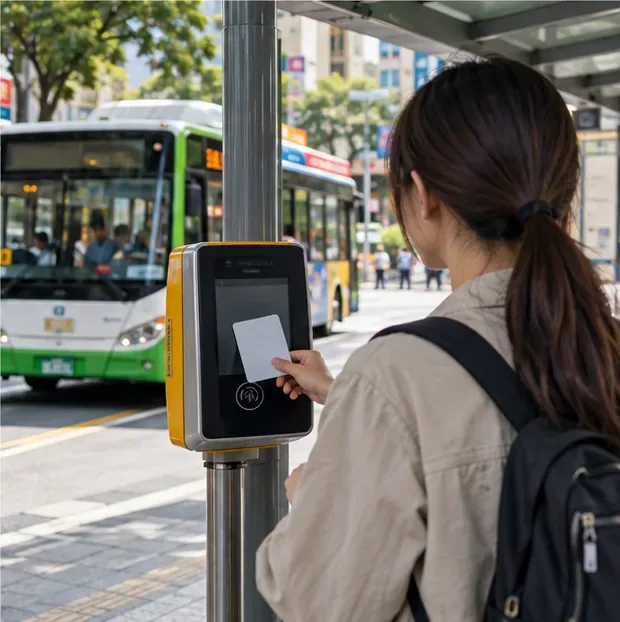 旅客在市區公車站以交通卡感應讀卡機，公車停靠在站牌旁。