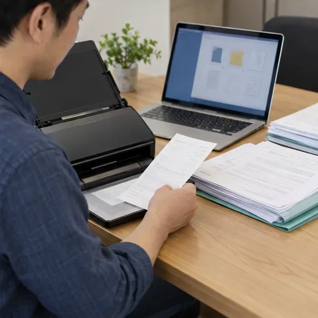 納稅人把紙本收據放入掃描器並在筆電整理數位稅務文件