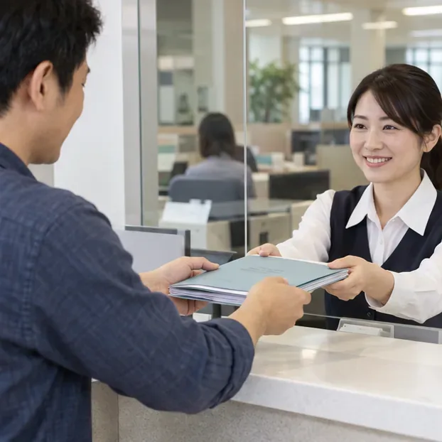 納稅人在服務櫃檯把整理好的稅務文件資料夾交給承辦人員