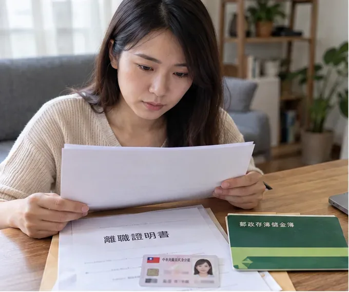 申請人於家中核對離職證明、身分證與本人存摺，準備辦理失業給付