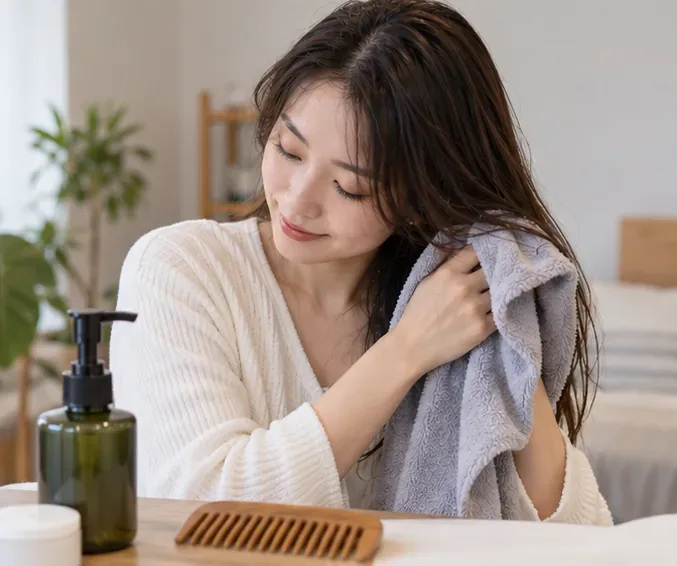 洗髪後の濡れた髪を柔らかいタオルで押さえるように乾かす女性とヘアケア用品