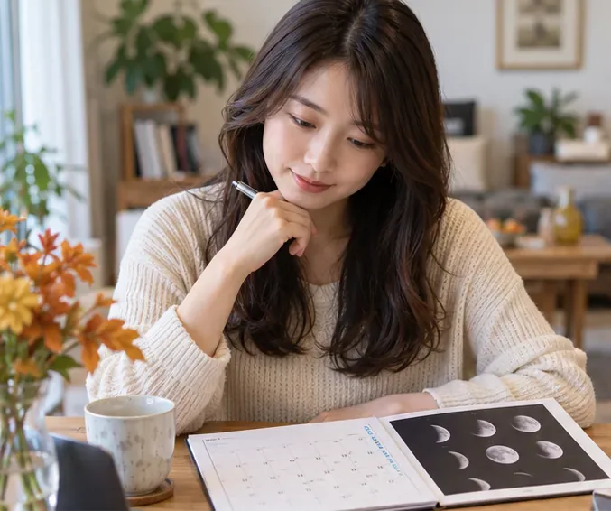 自宅で2026年10月の予定表と月相資料を見ながら美容院の日程を考える女性