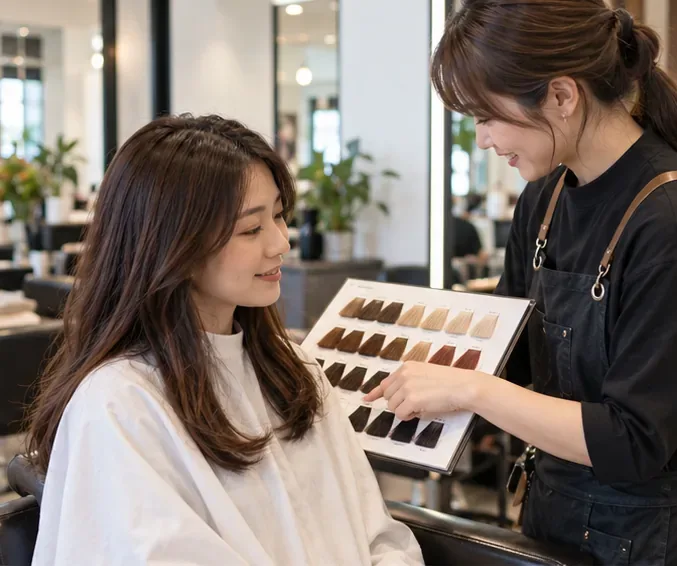 美容院で美容師とヘアカラーチャートを見ながら希望色と施術内容を相談する女性
