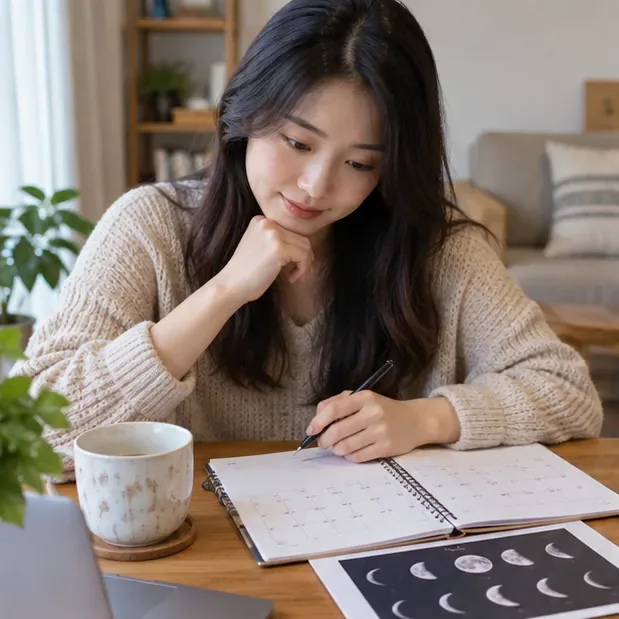 一名女性在家查看月曆與月相資料，準備安排2026年10月剪髮或染髮日期