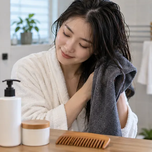 一名女性洗髮後用柔軟毛巾輕按濕髮，旁邊放有護髮用品與寬齒梳