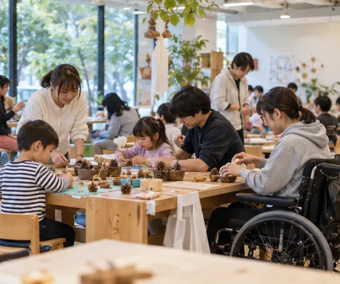 車いす利用者を含む大人と子どもが同じテーブルを囲み、自然素材を使った工作を一緒に楽しんでいる