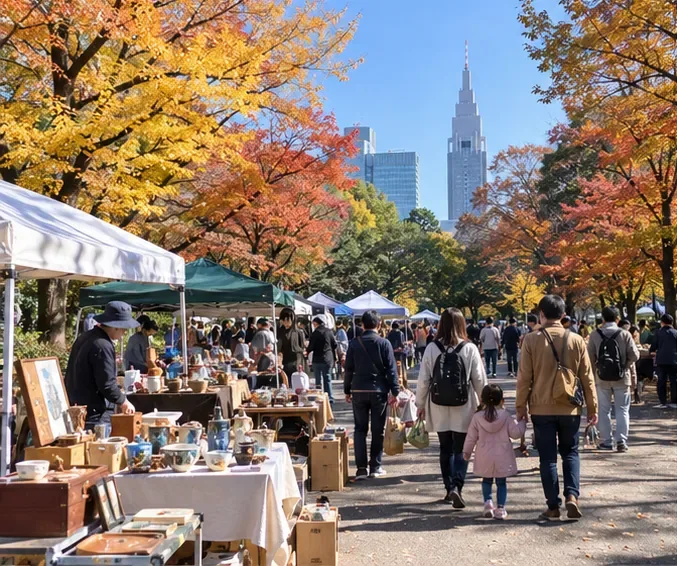 秋色の木々に囲まれた都市公園で、家族連れがテント型のフリーマーケットを歩きながら雑貨を見ている