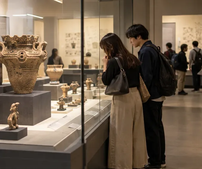 展示ケースに並ぶ歴史資料や工芸品を二人の来館者が静かに見学しているミュージアム内部